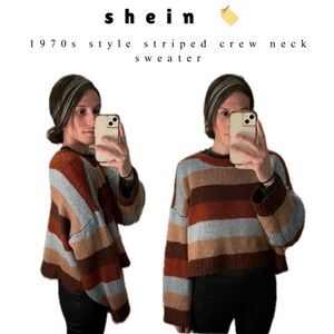 orange, blue, brown striped high neck sweater